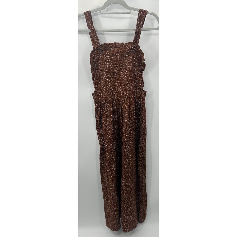 Vintage Floral Calico Square Neck Cottagecore Apron Dress Maxi Brown XS/S 70's